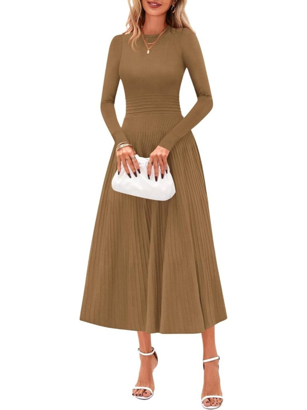 π Women's Camel Brown Ribbed Knit Long Sleeve Pleated A-Line Midi Sweater Dress